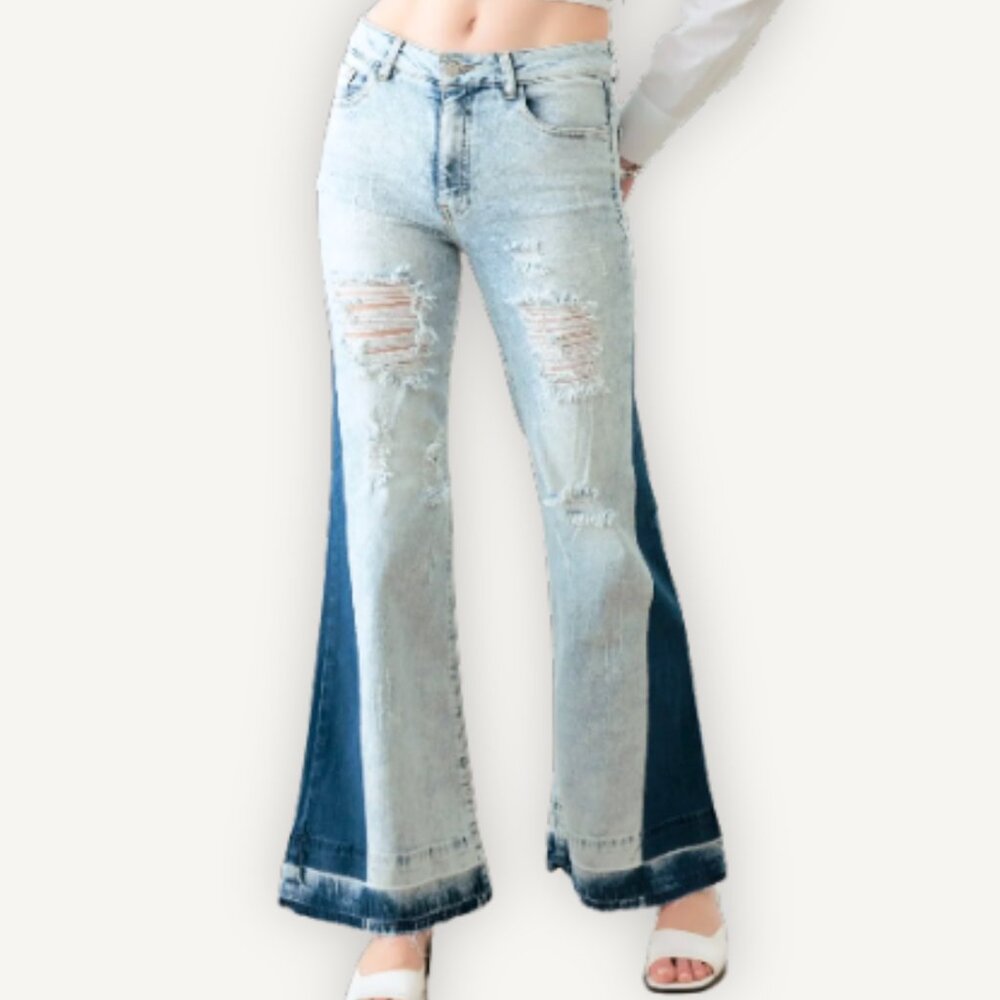 NWT Uniq Two Tone Wide Leg Distressed Jeans Size 25/1 High Rise Denim